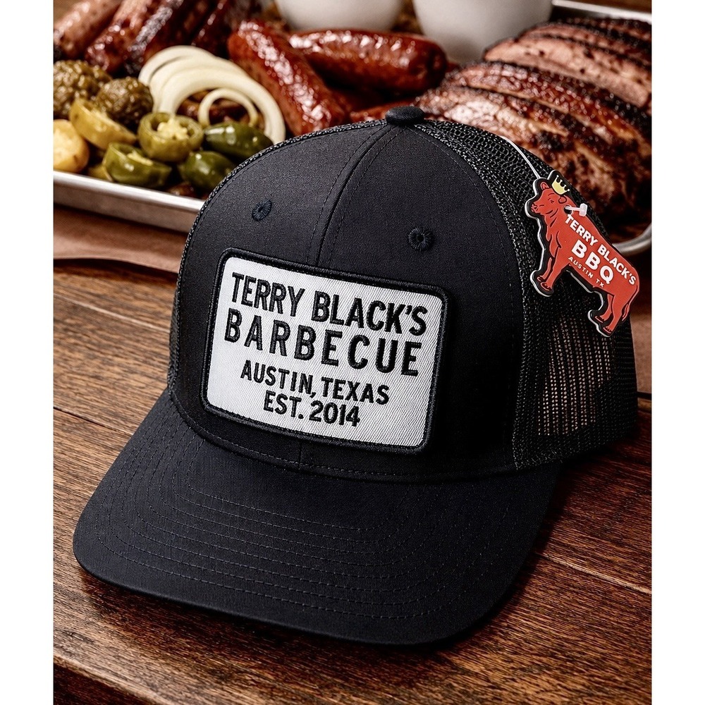 Terry Black's Barbecue Black Patch Mesh Trucker Snapback Hat Austin Texas NWT